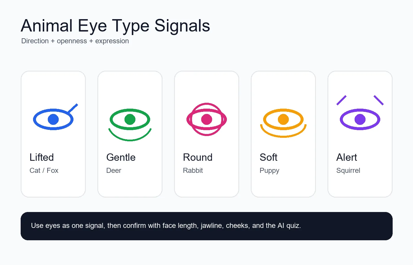 Editorial animal eye type guide comparing lifted, round, gentle, intense, and alert eye signals