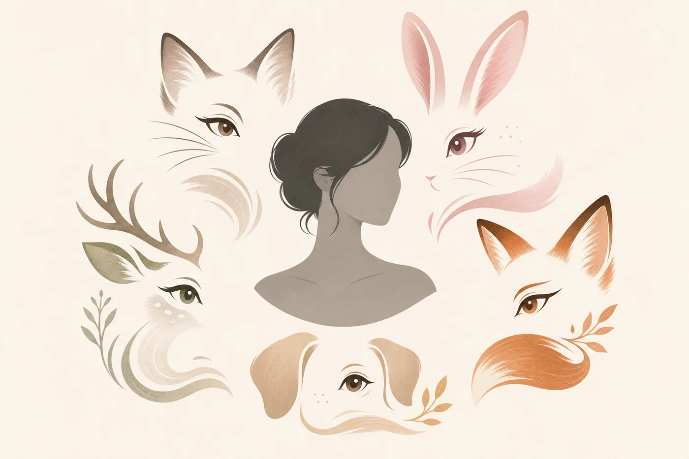Editorial illustration of animal pretty types with cat, bunny, deer, fox, and puppy beauty symbols around a neutral portrait