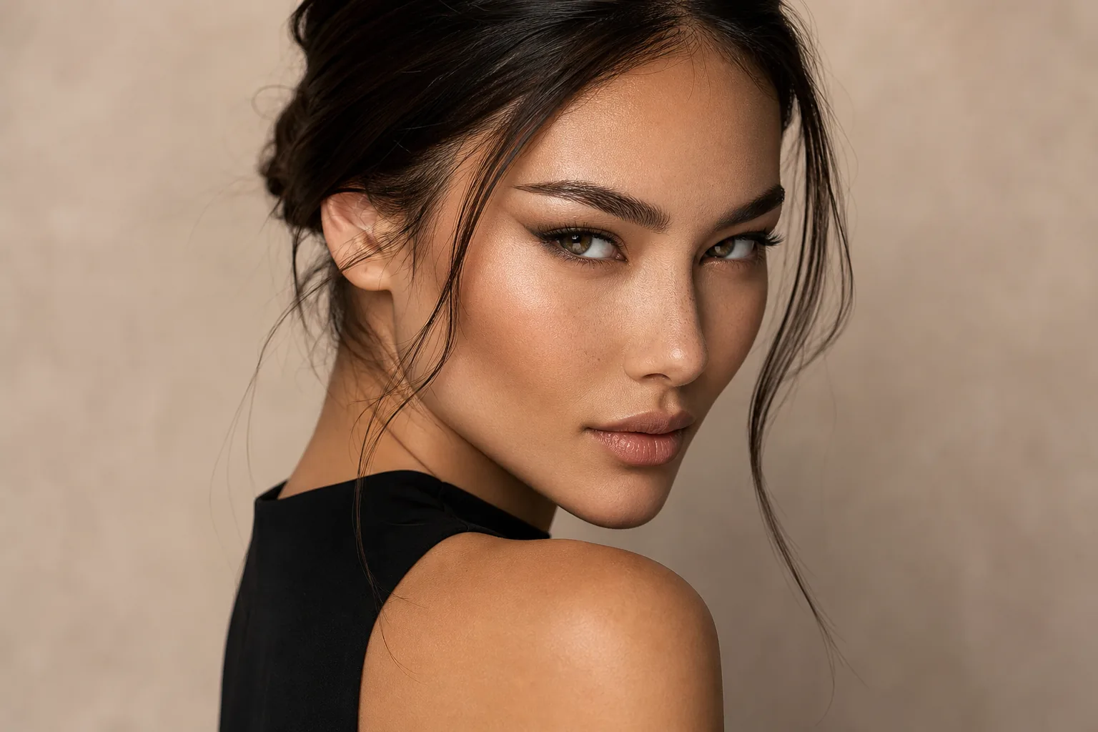 Editorial illustration of cat face type with almond eyes, defined cheekbones, and a refined jawline