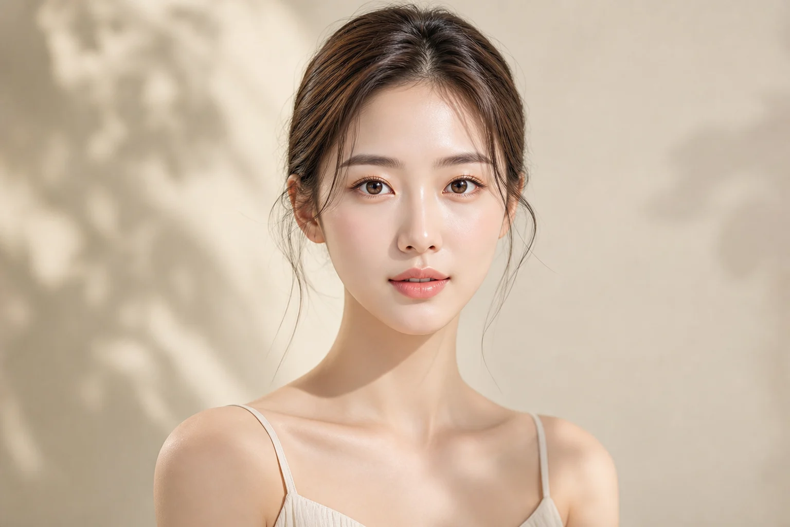Fictional adult woman showing gentle eyes and refined proportions associated with deer face type