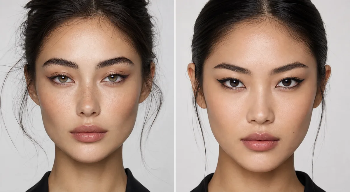 Side-by-side editorial comparison of a longer fox-eye impression and a compact cat-eye impression