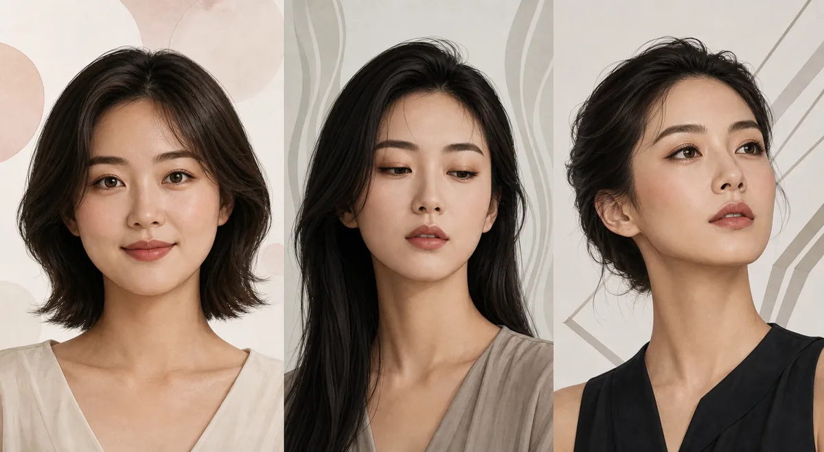 Three editorial portraits comparing soft, elongated and lifted female facial impressions