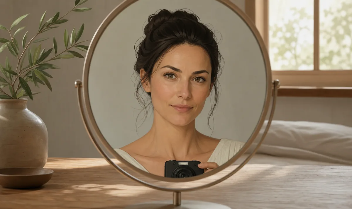Woman using a mirror and camera for a neutral animal face type self-check