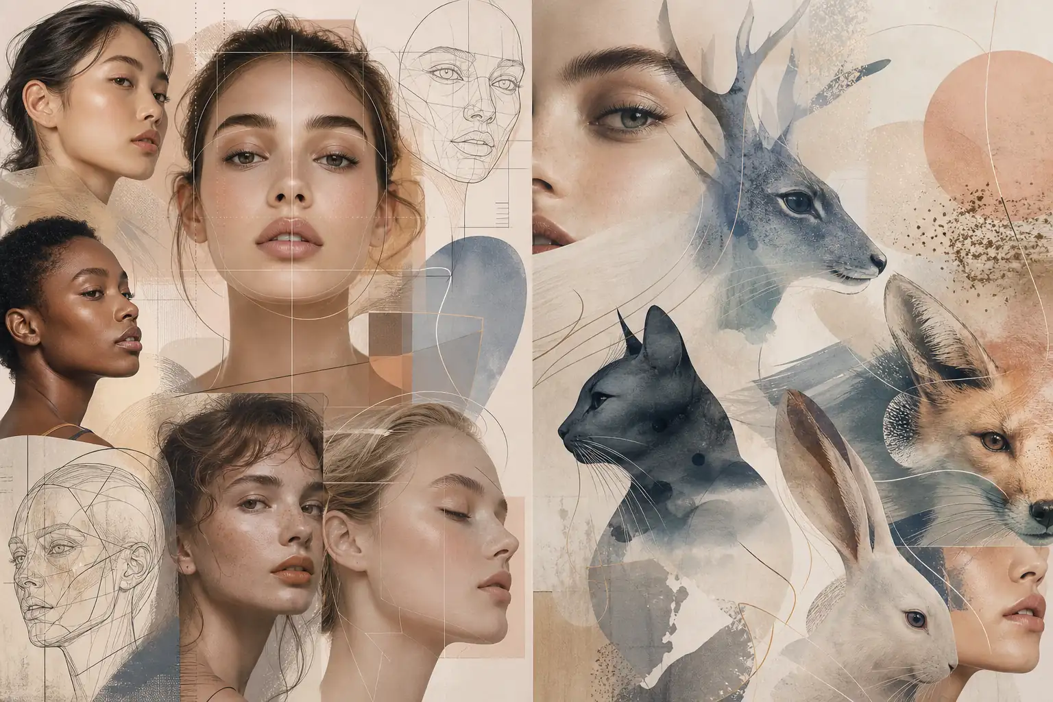 Editorial collage showing different faces, facial outline sketches and animal-style archetypes